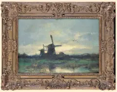 Jan van der Linde, WIATRAKI O ZMIERZCHU, olej, płótno
