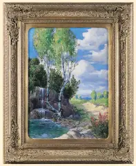 PEJZAŻ Z WODOSPADEM by Hans Rudolf Schulze, olej, tektura, sold Mar 2006