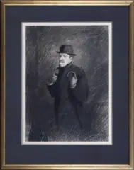 Tadeusz Waśkowski, Portret mężczyzny w meloniku (Tytus Czyżewski?), kredka czarna, tusz pędzel, papier