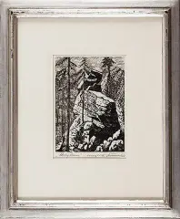 Tadeusz Dworzański, Skalny komin, 1945 [?], drzeworyt, papier kremowy