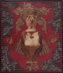 Ewa Krakowska, Portret z zakrytą twarzą, 1967, collage (fot. sepiowa, tkanina nakl. na płótno)