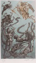 Jan Lebensztejn, Strącenie demonów, 1985, litografia barwna, papier