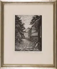 Tadeusz Dworzański, Polska Wenecja – Lądek Zdrój, 1956, drzeworyt, papier