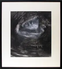 Piotr Kondrad, Aleja w parku, 1981, ołówek, kredka czarna, gwasz biały, papier