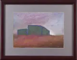 Stanisław Rodziński, Pejzaż z zielonym budynkiem, 1999, pastel, olej, gwasz, papier