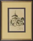 Wiktor Zin, Drewniany kościółek, ok. 1966, tusz patyk, papier kremowy
