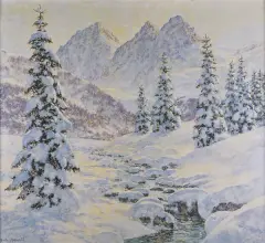 Fritz Osswald, ZIMA W ALPACH, lata 20. XX w., olej, tektura