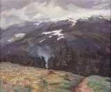 Leon Wyczółkowski, PEJZAŻ GÓRSKI, 1908, olej, tektura