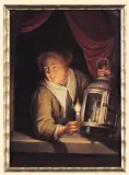 L. Scherf, DZIEWCZYNA ZAPALAJĄCA LAMPĘ, koniec XIX w., plakieta porcelanowa, farby naszkliwne