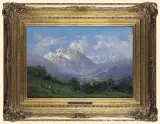 Alfred Metzener, PEJZAŻ ALPEJSKI Z JEZIOREM, 1870-1880, olej, sklejka