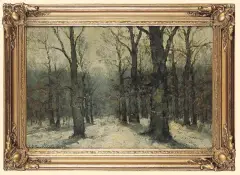 Raphael Oskar Unverdross, ZIMA W BUKOWYM LESIE, 1915, olej, deska