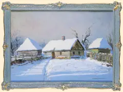CHATY W ŚNIEGU by Wiktor Korecki, olej, płótno, sold Dec 2005