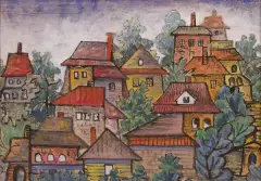 Adam Podhorecki, Miasto, 1970, tusz pędzel, akwarela, gwasz, papier