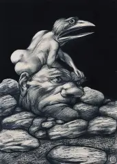 Adam Hoffmann, Ptaszyna, 1972, kredka, pastel czarny, tusz pędzel, papier kremow