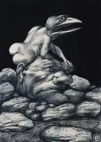 Adam Hoffmann, Ptaszyna, 1972, kredka, pastel czarny, tusz pędzel, papier kremow