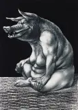 Adam Hoffmann, Jedna z trzech świnek, 1972, kredka, pastel czarny, tusz pędzel, papier kremow