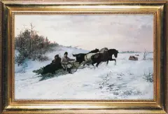 Józef Jaroszyński, POWRÓT Z POLOWANIA NA DZIKI, po 1880, olej, płótno