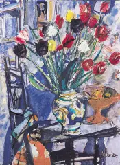 Zygmunt Menkes, MARTWA NAT. Z BUKIETEM TULIPANÓW, ok. 1960, olej, płótno