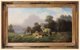 Louis Ludwig Reinhardt, OWCE NA PASTWISKU W GÓRACH, olej, płótno