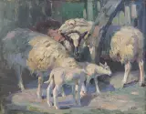 Josef W. Keller-Kühne, W ZAGRODZIE - OWCE I JAGNIĘTA, ok. 1930, olej, płótno