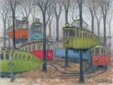 Jesienna zajezdnia by Jacek Yerka, 2002, kredki, ołówek, papier, sold Jun 2005