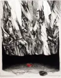 Andrzej Pietsch, Podróżni IV – zasłona, 1970, akwaforta barwna, papier