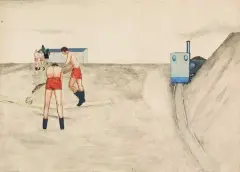 Jerzy Nowosielski, Kolejka wąskotorowa, 1948, pastel, akwarela, papier
