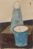 Niebieski dzbanek i wiadro by Jerzy Nowosielski, akwarela, tusz pędzel, papier, sold Jun 2005