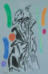 Janina Kraupe, Portret Tadeusza Kantora, tusz pędzel, pastel, papier szarozielonkawy