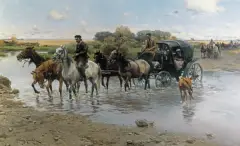 Alfred Wierusz-Kowalski, PRZEPRAWA PRZEZ RZEKĘ, ok. 1880, olej, płótno