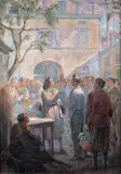 Stanisław Frasiak, WYBÓR DELEGATA NA KONGRES POKOJU, 1950, olej, płótno