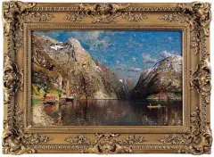 Fiordy norweskie by J. Holmsted, ok. 1890, olej, sklejka, sold Mar 2005