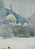 Leon Wyczółkowski, Katedra na Wawelu z kap. Zygmuntowską, 1915, akwarela, ołowek, kredka