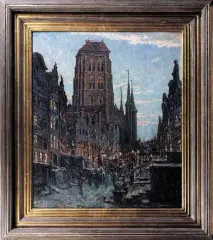 Waldemar Sewohl, Gdańsk - ul. Mariacka, widok na kościół, ok.1930, olej, tektura