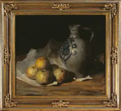 Hans Bahrmann, Martwa natura z jabłkami i dzbanem, 1939, olej, tektura
