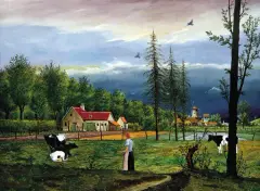 Franz Radziwill, Pejzaż z trzema krowami, 1940, olej, tektura