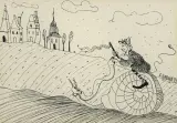 Grażyna Lubaszka, Baron na ślimaku, 1999, cienkopis czarny, papier kremowy