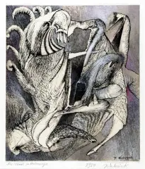 Jacek Walusiak, Kuszenie św. Antoniego, 1990, tusz pióro, gwasz, papier kremowy czerpany, karto
