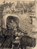 Regina Tarkowska, Scena w miasteczku (ilustracja), 1952, tusz pióro, lawowanie, ołówek, karton,