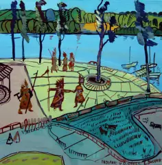 Indianie w dębowej górze by Edward Dwurnik, akryl, płótno, offered Dec 2004