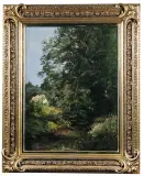 Gertrud Staats, Pejzaż leśny ze strumieniem i chatą, ok. 1900, olej, deska