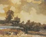 Obraz 2069 (Nadrzecze - Wieczór) by Jerzy Duda-Gracz, 1996, olej, płyta pilśniowa, sold Dec 2004