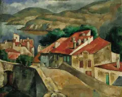 Roman Kramsztyk, Miasteczko na tle gór, ok. 1914, olej, płótno