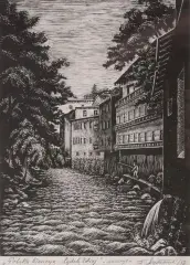 Tadeusz Dworzański, Polska Wenecja – Lądek Zdrój, 1956, drzeworyt, papier