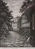 Tadeusz Dworzański, Polska Wenecja – Lądek Zdrój, 1956, drzeworyt, papier