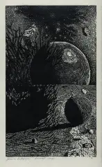 Janusz Gutkowski, Kompozycja kosmiczna, linoryt, papier