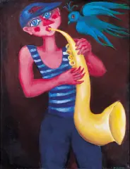 Krystyna Brzechwa, Grajek, 1993, akryl na płycie pilśn. i na szkle, rama drewniana
