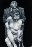 Adam Hoffmann, Para pozująca, 1977, kredka czarna, tusz pędzel, papier