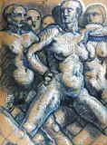 Akty by Franciszek Starowieyski, 1989, akryl, gwasz, pastel, papier pakowy żółtobrązowy, sold Nov 2004