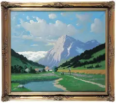 Josef Muhbeck, Krajobraz Alpejski z Wioską w Dolinie, 1940, olej, płótno